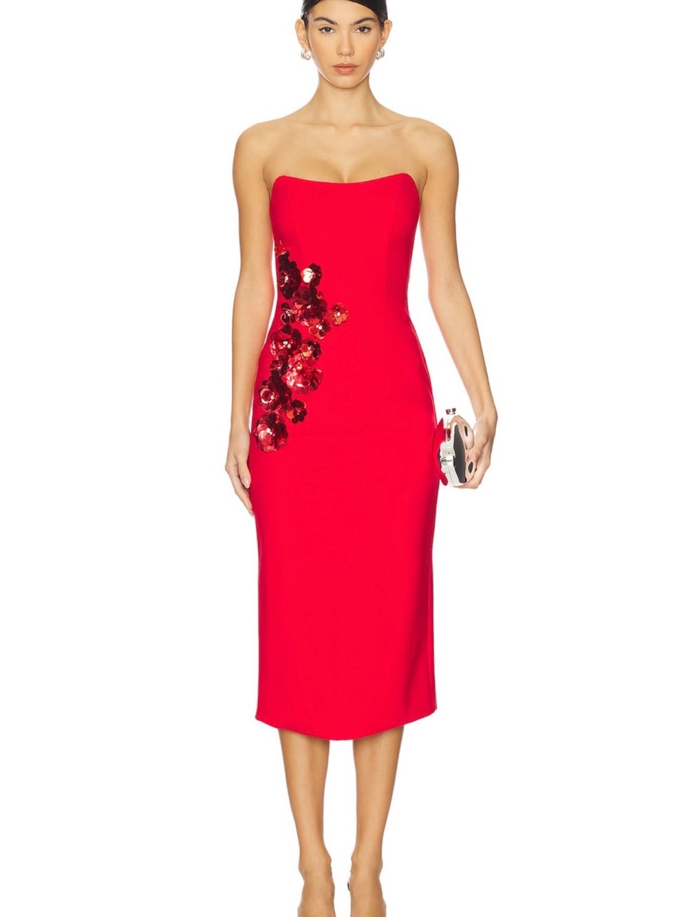 Elliatt Yasmine Strapless Red Midi Dress with Sequin Floral Appliqué